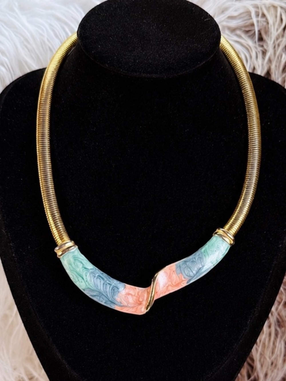 Vintage Gold Tone Collar Necklace Pastel Enamel Statement Choker Spring Coil